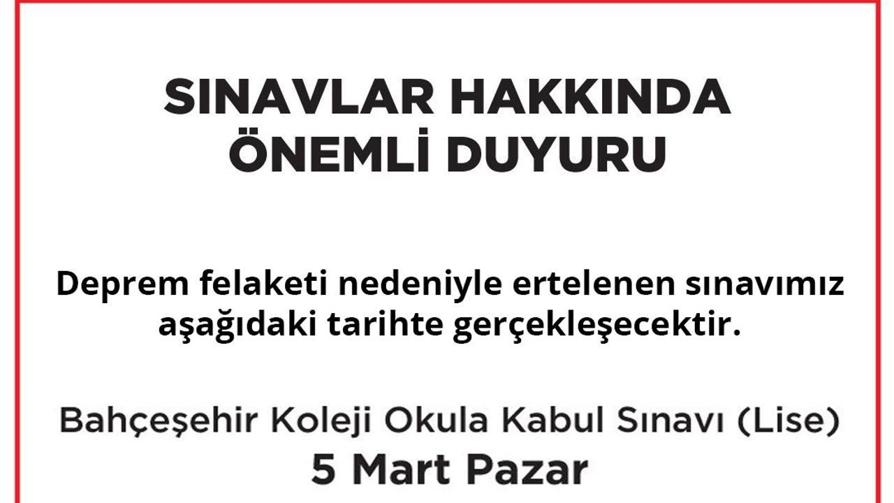 Bahçeşehir Koleji "Okula Kabul Sınavı" (Lise) 5 Mart Pazar Günü Yapılacak