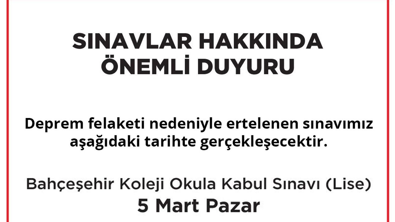 Bahçeşehir Koleji "Okula Kabul Sınavı" (Lise) 5 Mart Pazar Günü Yapılacak