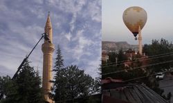 Ürgüp'te cami minaresinin eğrilen alemi düzeltildi