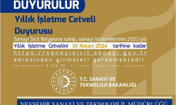 Sanayi İşletmelerine Uyarı ve Bilgilendirme Yıllık İşletme Cetveli Duyurusu