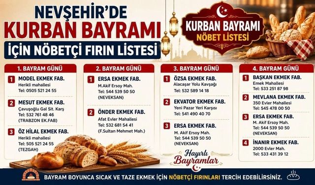 Nevşehir'de kurban bayramı nöbetçi fırın listesi