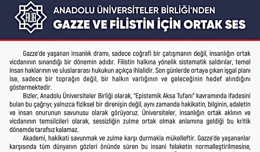Anadolu Üniversiteler Birliği’nden Gazze ve Filistin İçin Ortak Ses