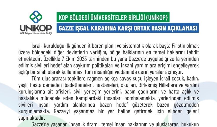 UNİKOP’tan Gazze İşgal Kararına Karşı Ortak Basın Açıklaması