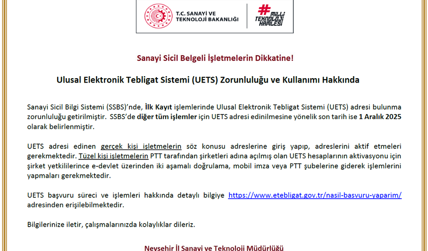 Sanayi Sicil Belgeli İşletmelere UETS Zorunluluğu Hatırlatıldı