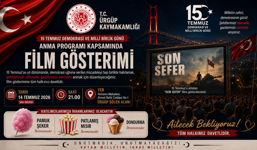 Ürgüp'te 15 Temmuz Anısına Açık Hava Sineması Düzenlenecek