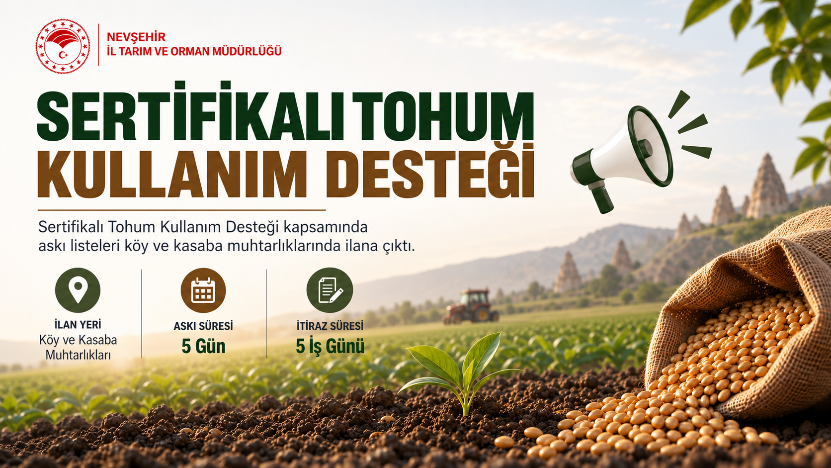 Nevşehir’de Sertifikalı Tohum Desteği Askı Listeleri İlan Edildi